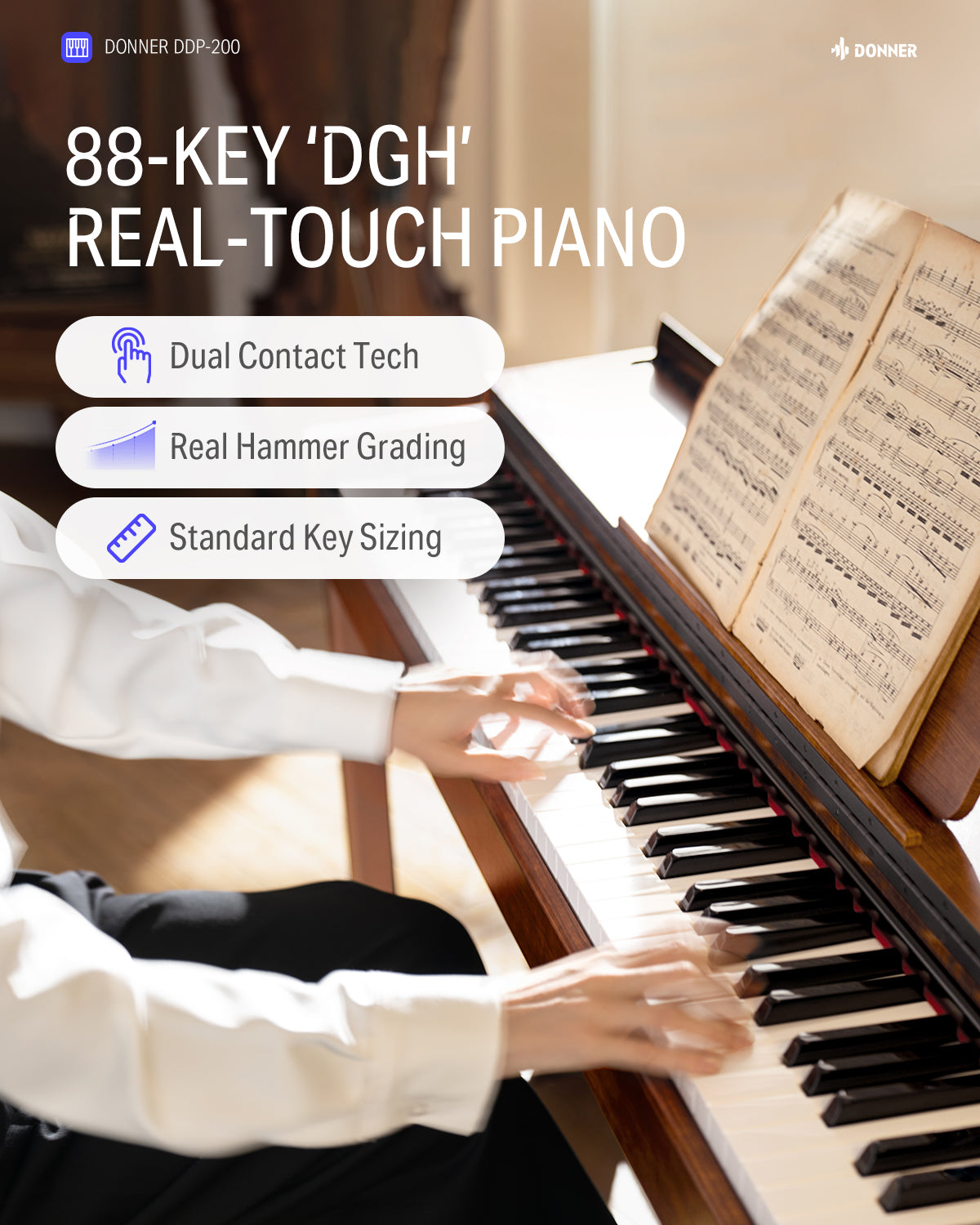 Donner DDP-200 Wooden Dynamic Hammer Action 88 Key Weighted Upright Digital Piano