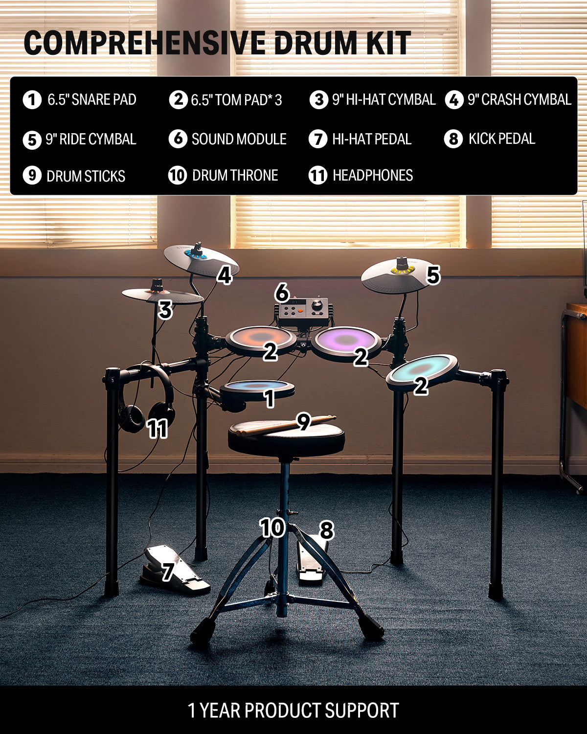 Donner DED-70L Batería Electrónica con luces LED