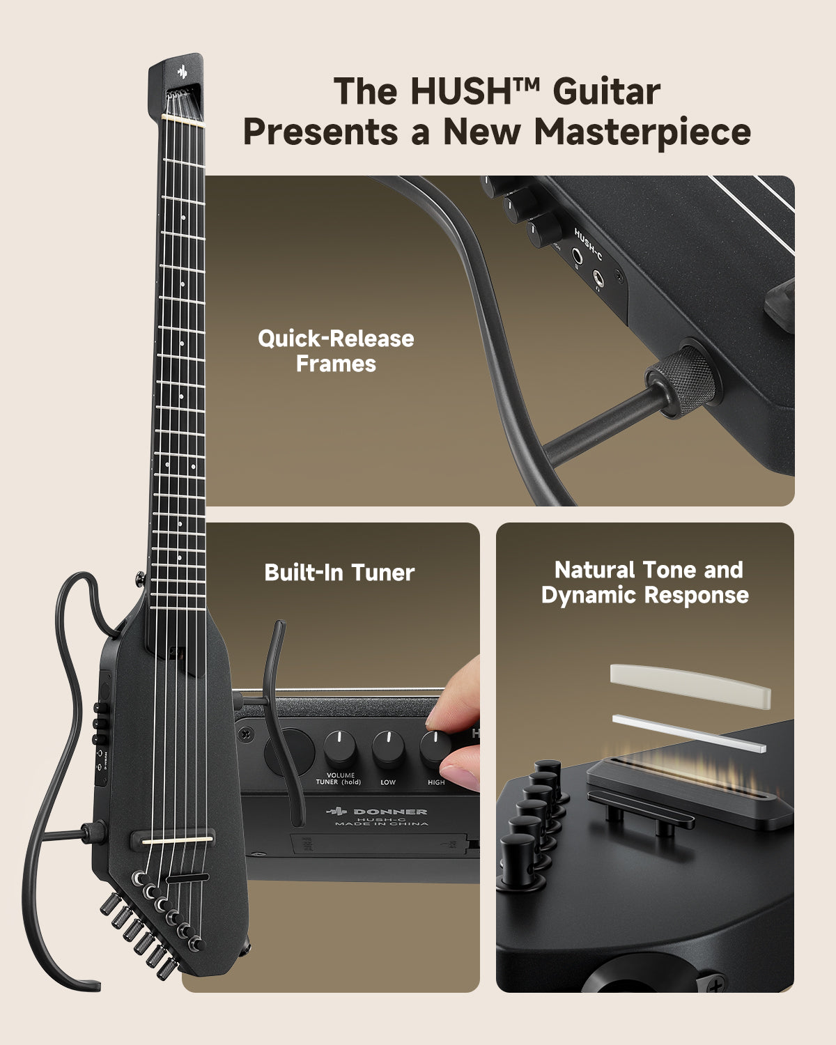 Donner HUSH™ C Nylon Acoustic-Electric Guitar-Black##