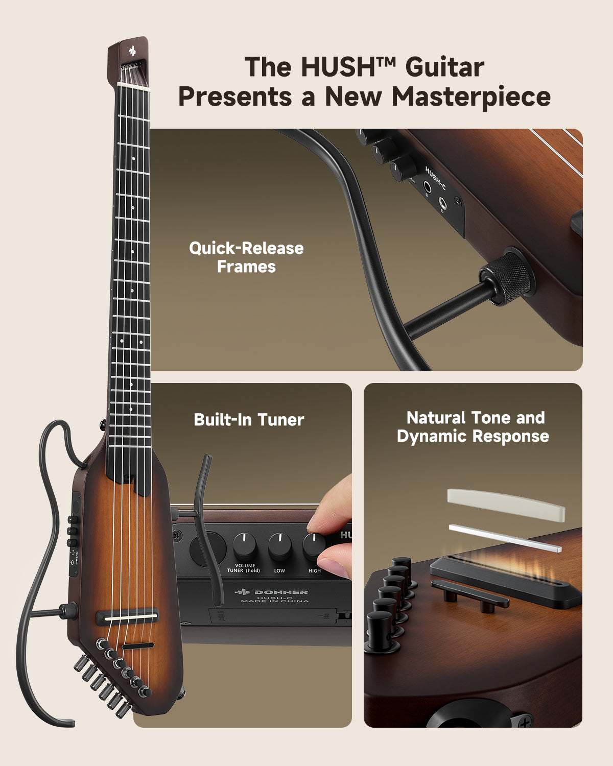 Donner HUSH™ C Nylon Acoustic-Electric Guitar-Sunburst##