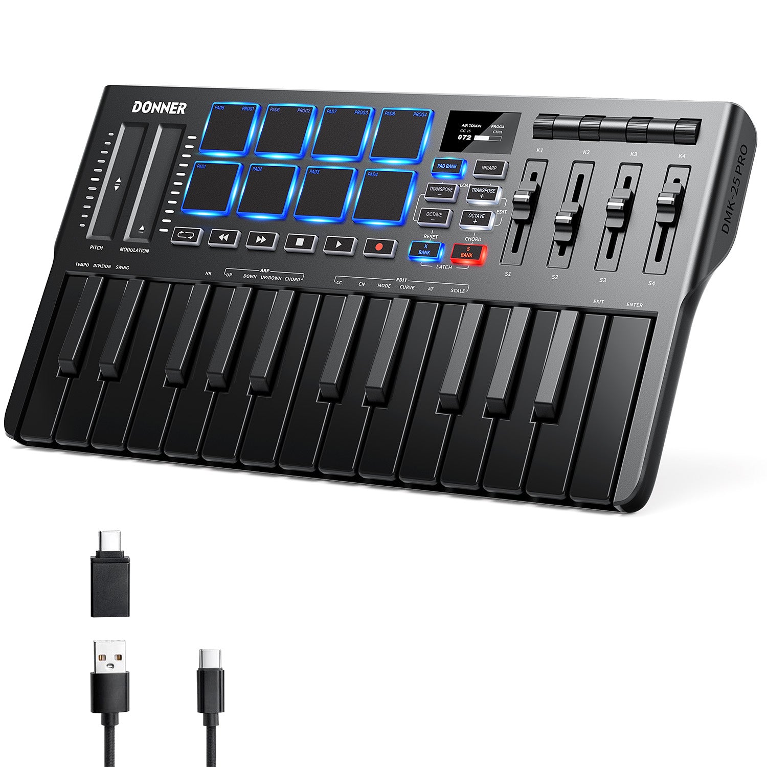 Donner DMK-25 PRO MIDI Keyboard Controller with Personalized Touch Bar, Free Music Production Software/Free 40 Courses