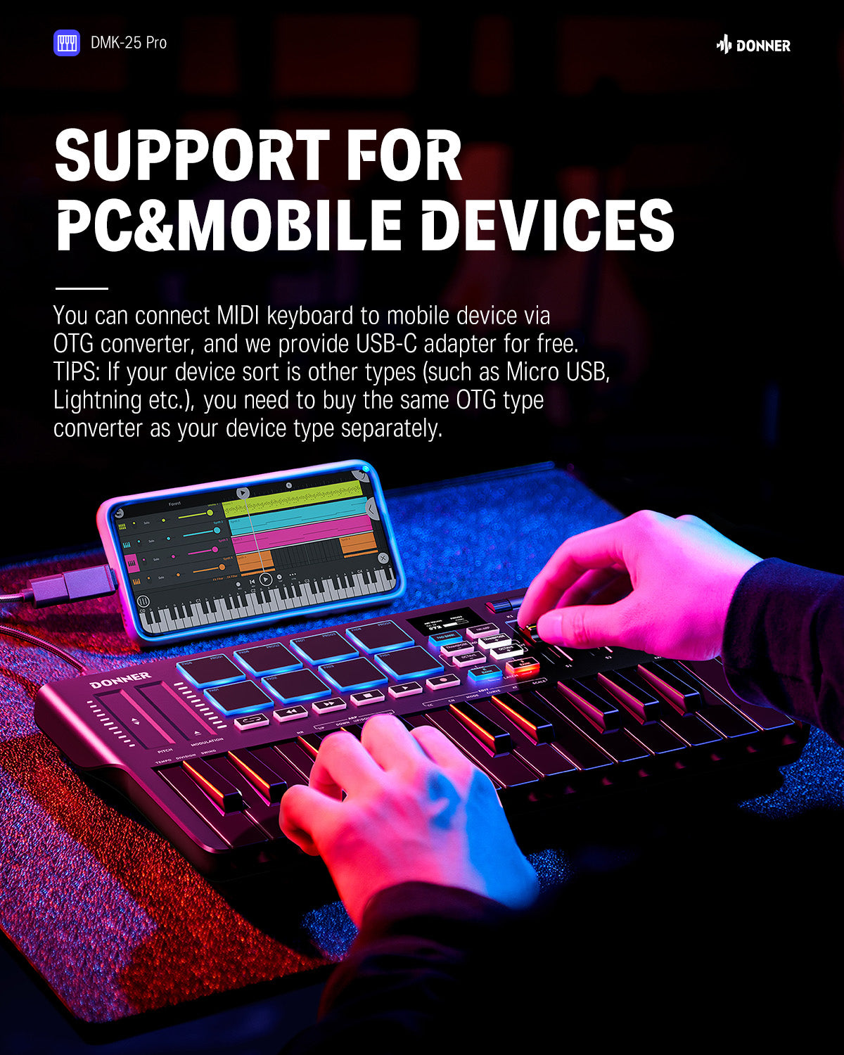 Donner DMK-25 PRO MIDI Keyboard Controller with Personalized Touch Bar, Free Music Production Software/Free 40 Courses