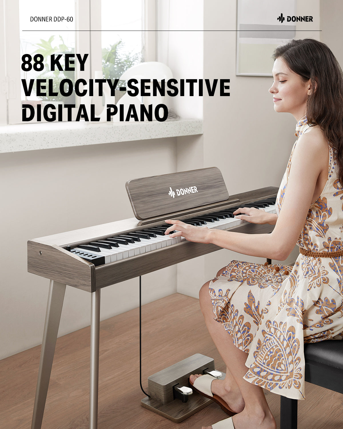 Donner DDP-60 houten digitale buffetpiano met 88 semi-gewogen toetsen en 3 pedalen voor beginners-grijs##