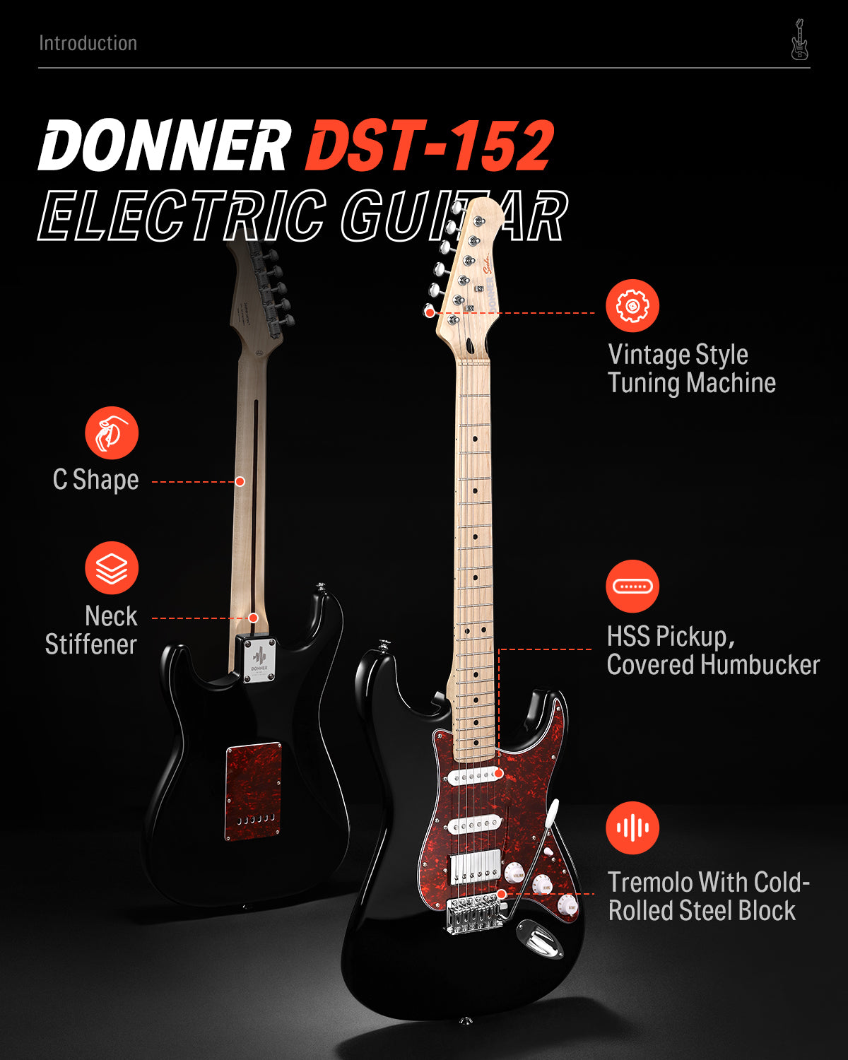 Donner DST-152 39-inch ST Electric Guitar Kit HSS w/Coil Split Pickup Including AMP-Black##