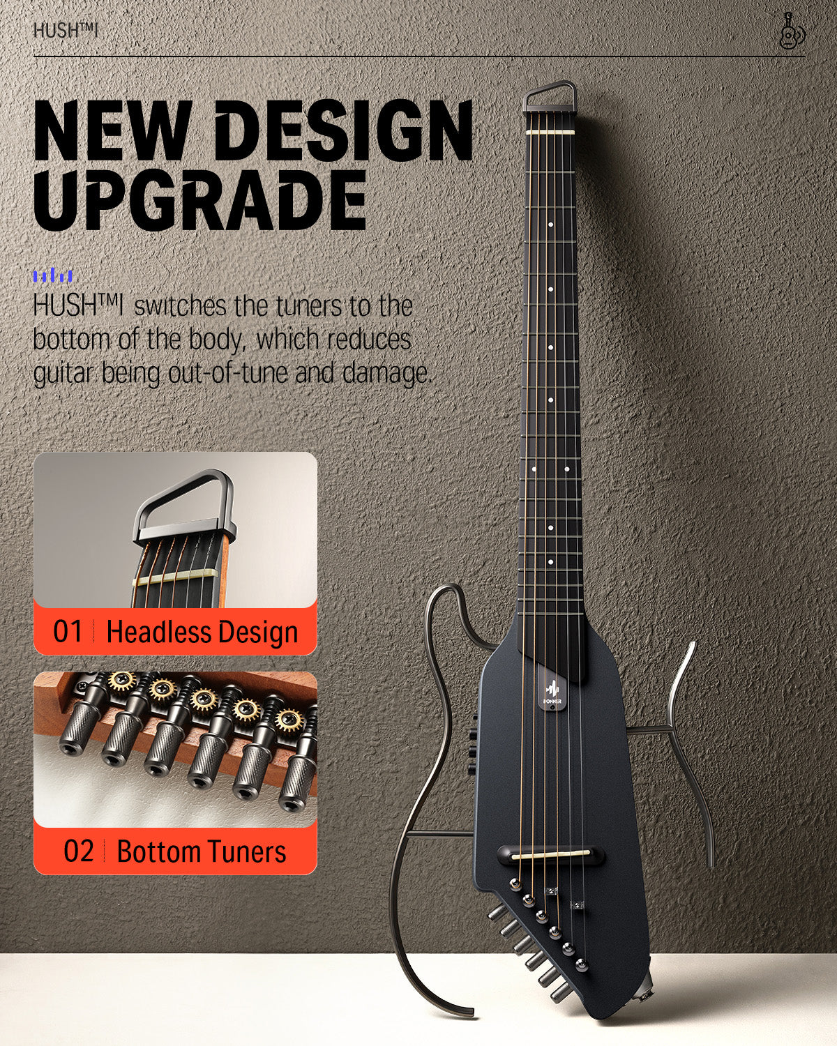 Donner HUSH I Headless Hush Guitar Electric Guitar Kit-Black##