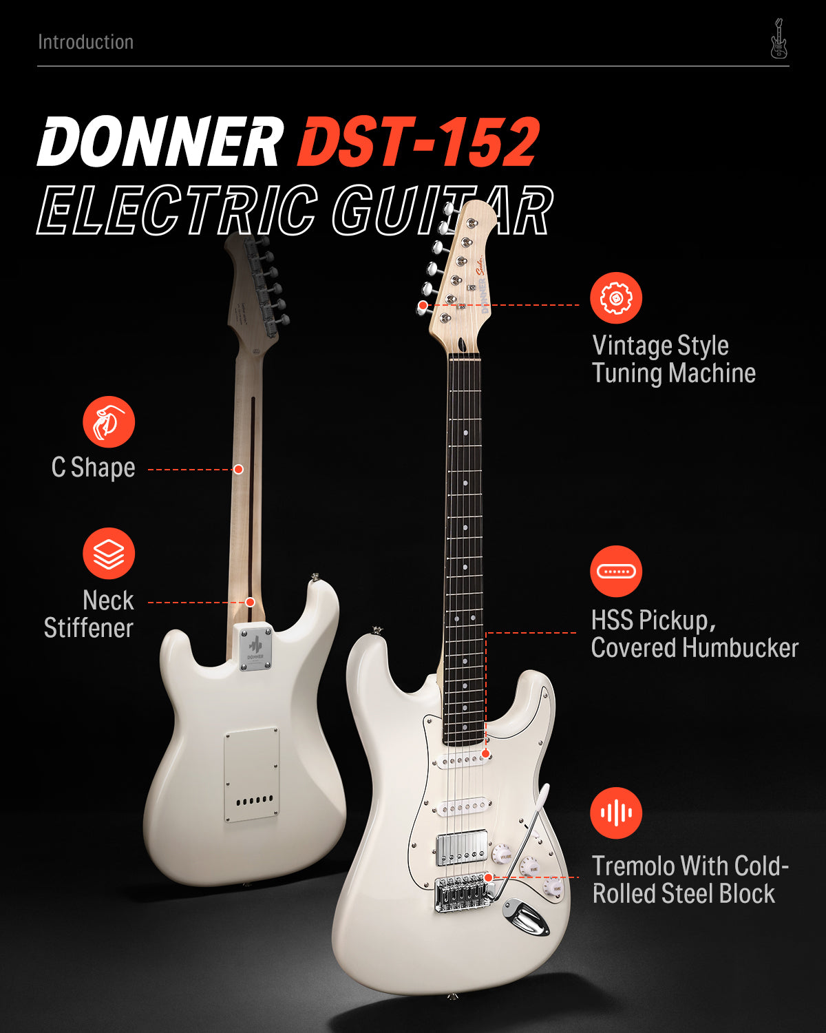 Donner DST-152 39-inch ST Electric Guitar Kit HSS w/Coil Split Pickup Including AMP-White##