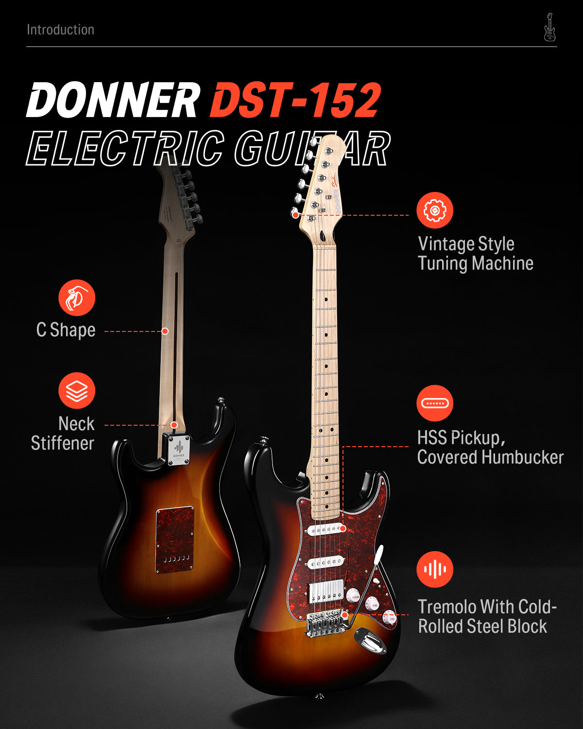 Donner DST-152 39-inch ST Electric Guitar Kit HSS w/Coil Split Pickup Including AMP-Sunburst##