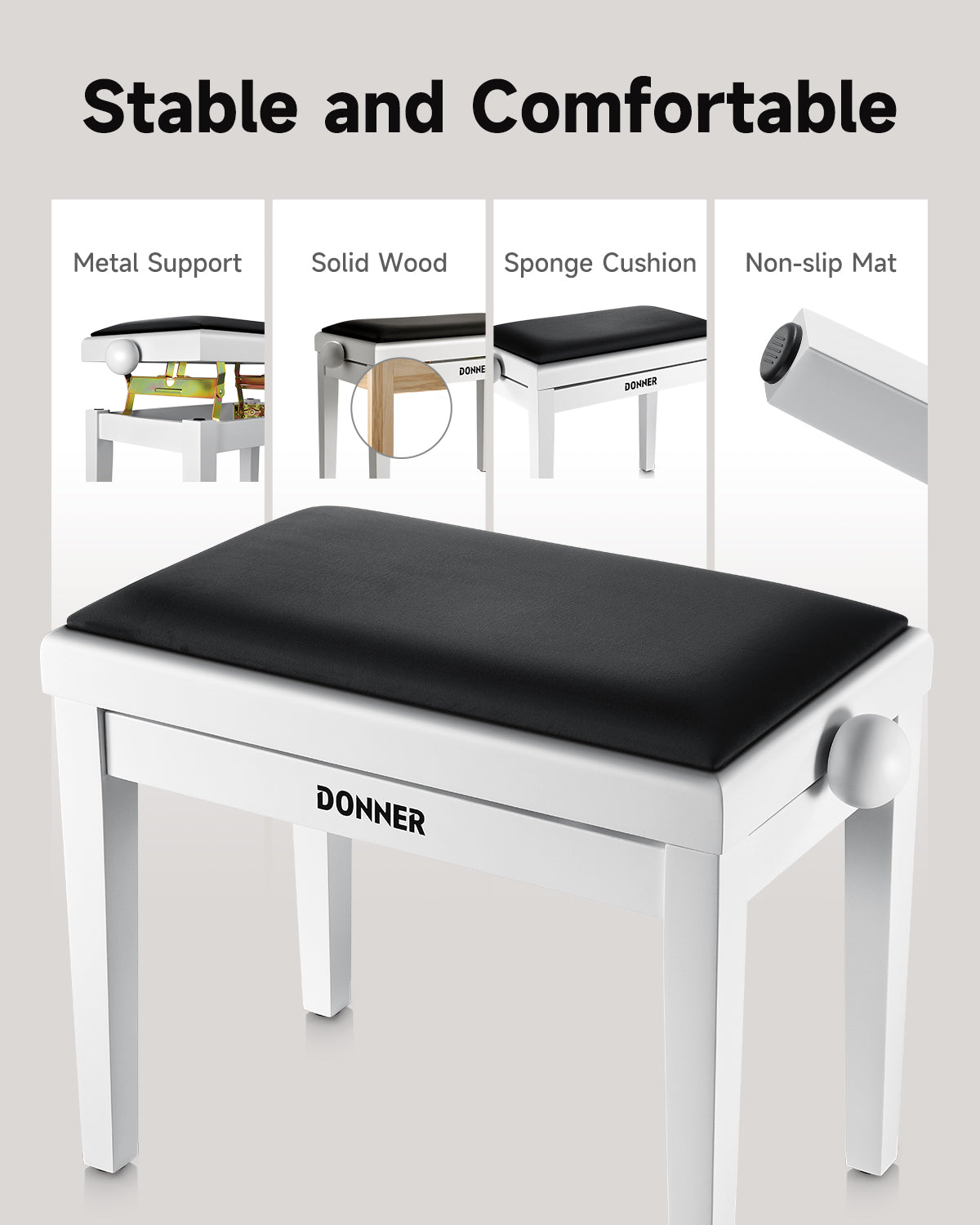 Donner Height-adjustable piano stool, Matte white
