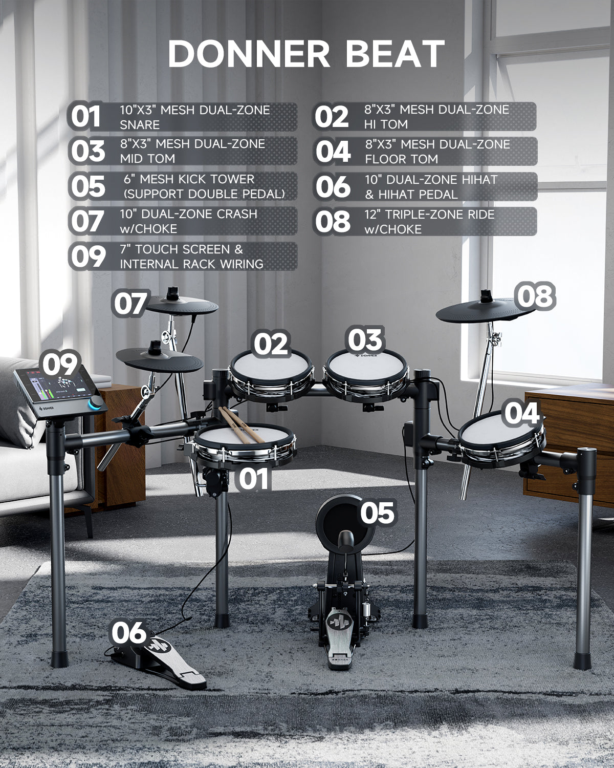 donner-beat-5-drum-3-cymbal-electronic-drum-set-with-touch-screen-for-pros