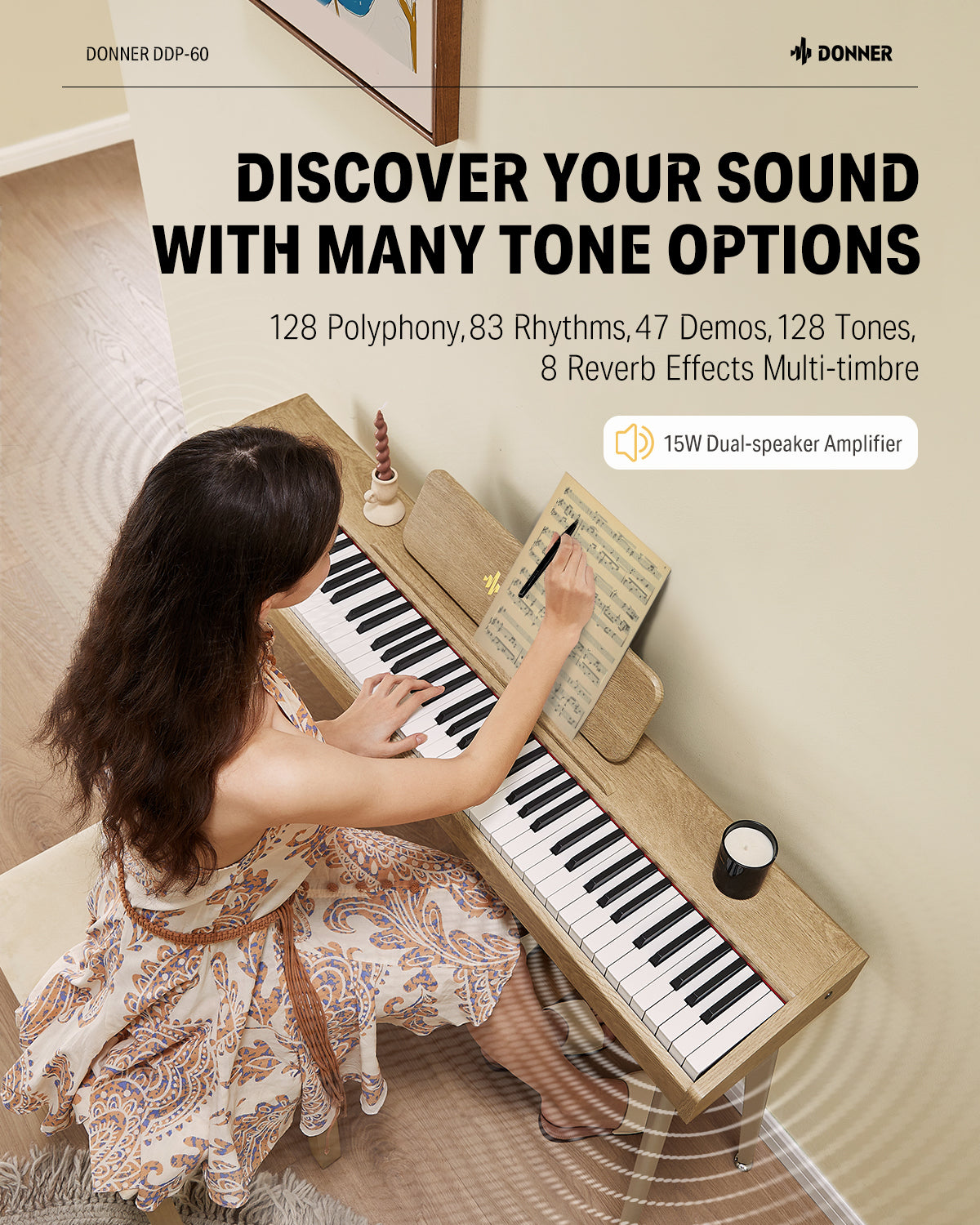 Donner DDP-60 houten digitale buffetpiano met 88 semi-gewogen toetsen en 3 pedalen voor beginners-naturel##