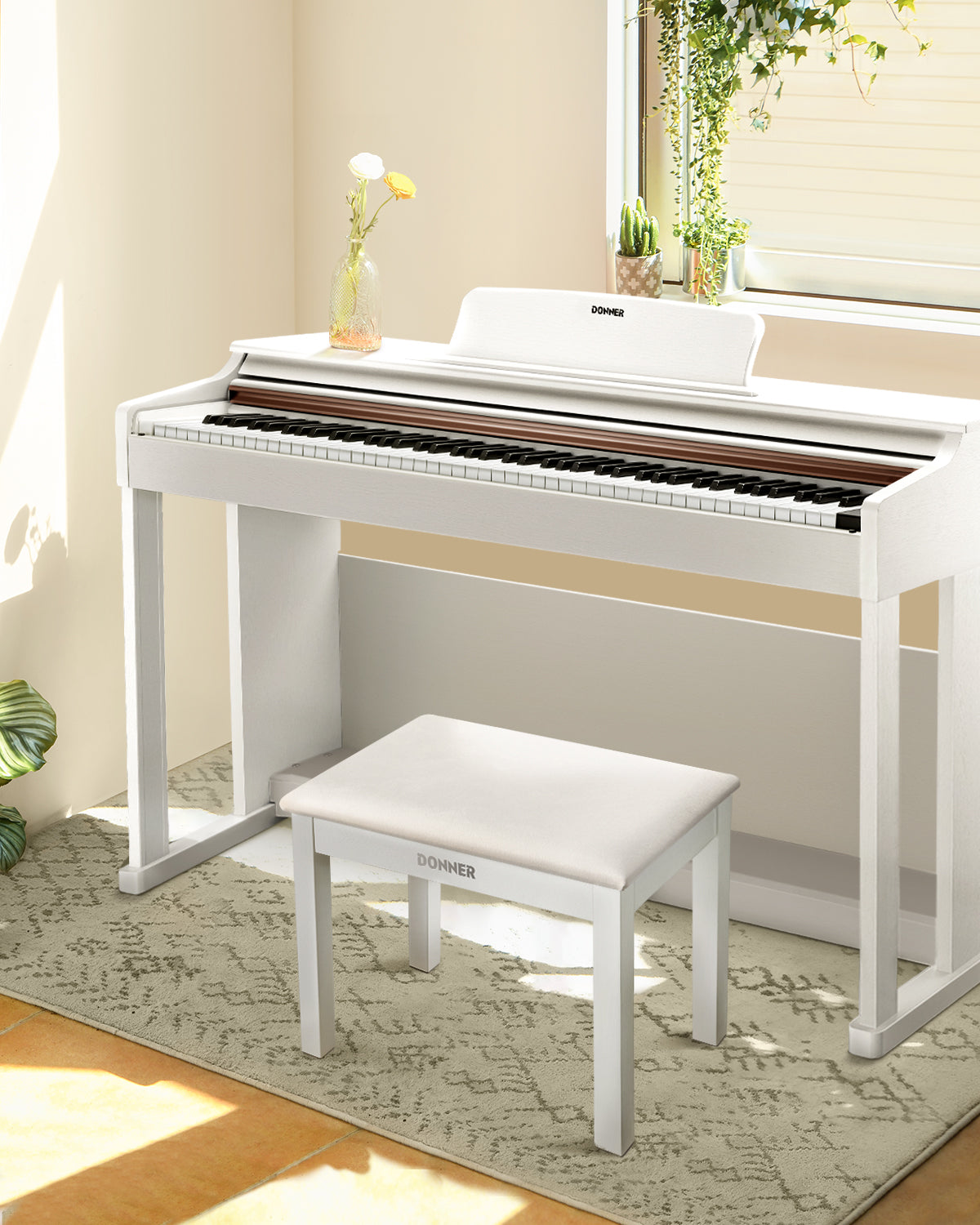 Donner DKB-10 Wood Piano Bench with Storage High-Density Suede Cushion Chair White
