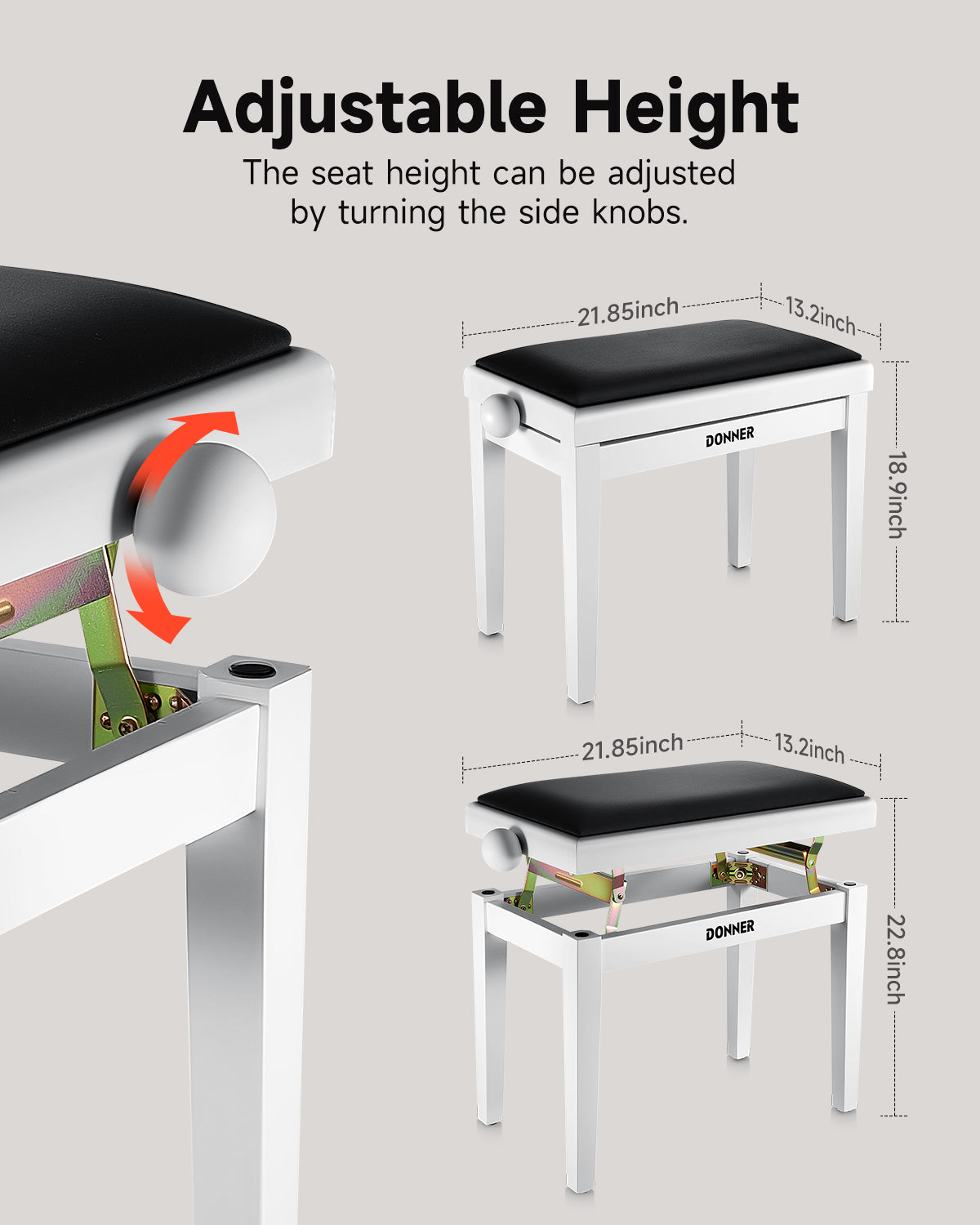 Donner Height-adjustable piano stool, Matte white