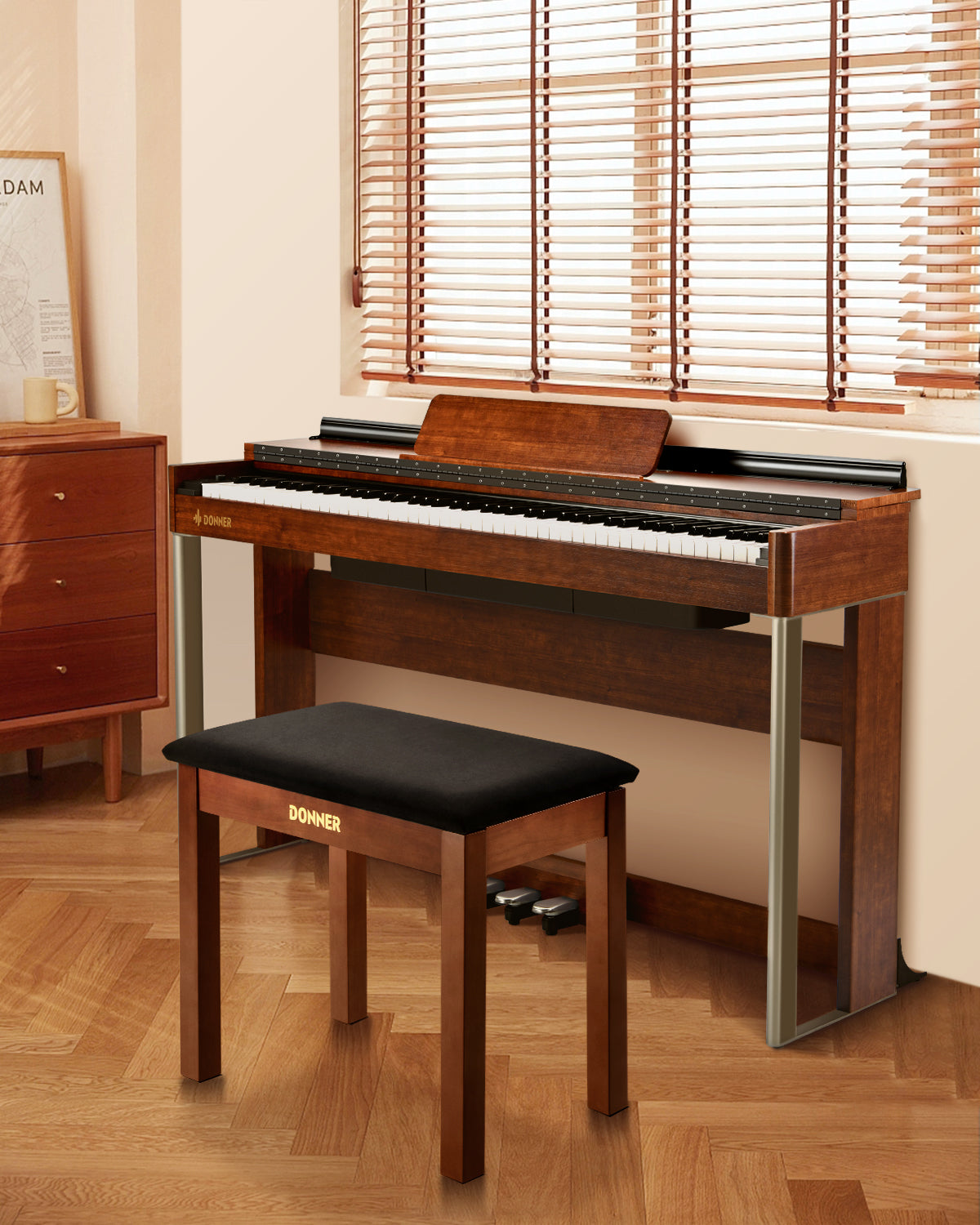 Donner DKB-10 Solid Wood Piano Bench with Storage High-Density Cushion Chair - Brown