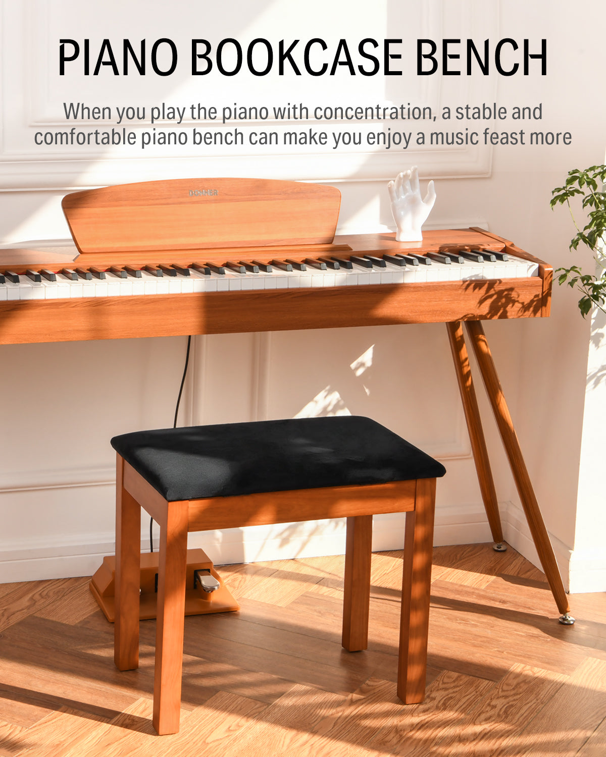 Donner DKB-10 Wood Piano Bench with Storage High-Density Suede Cushion Chair Wood Color