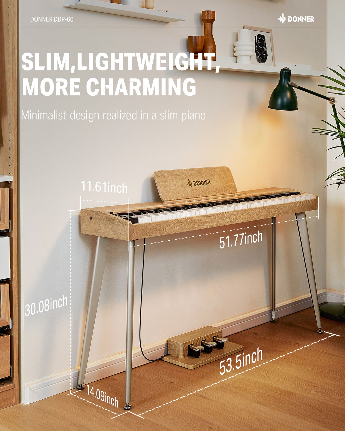 Donner DDP-60 houten digitale buffetpiano met 88 semi-gewogen toetsen en 3 pedalen voor beginners-naturel##