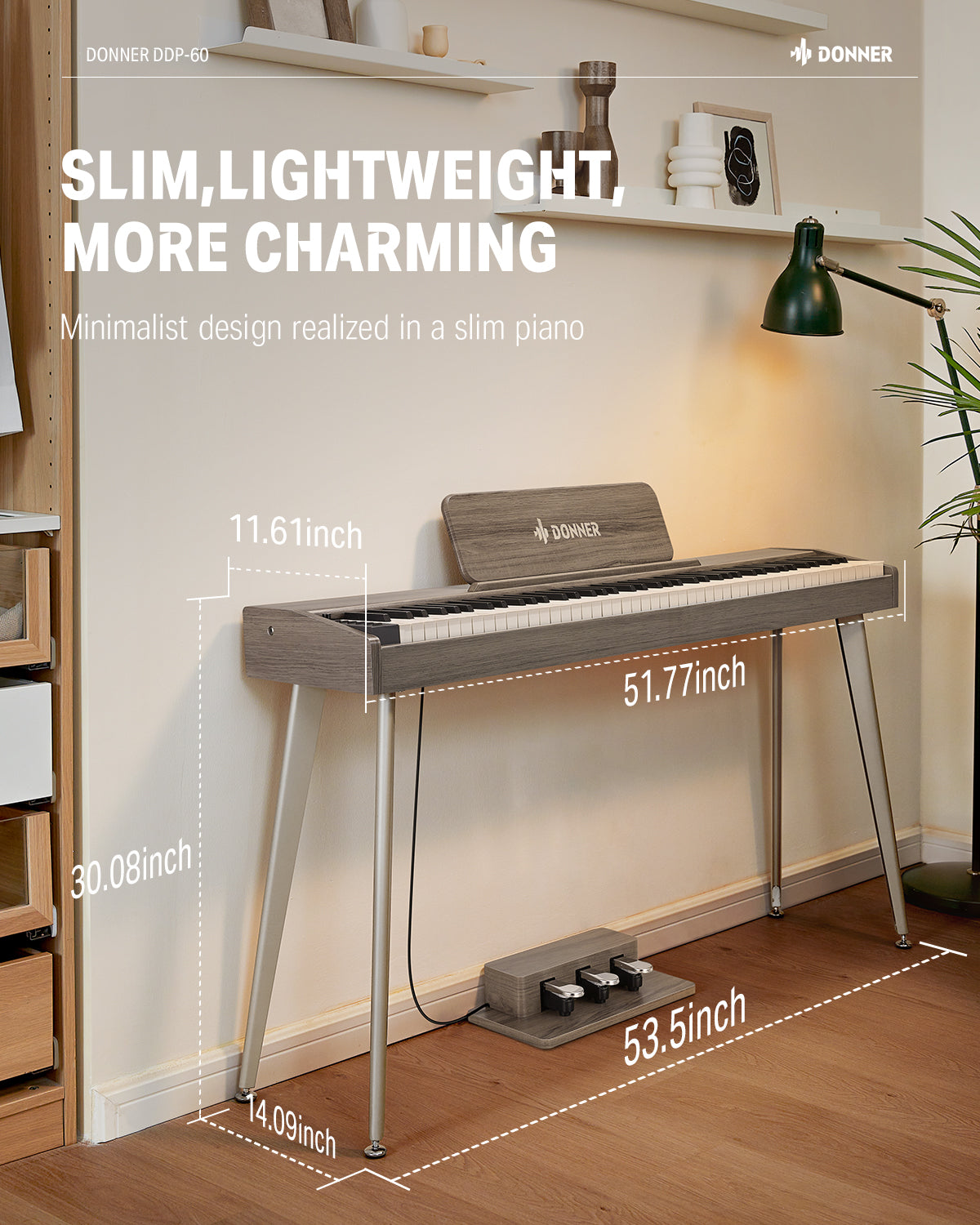 Donner DDP-60 houten digitale buffetpiano met 88 semi-gewogen toetsen en 3 pedalen voor beginners-grijs##