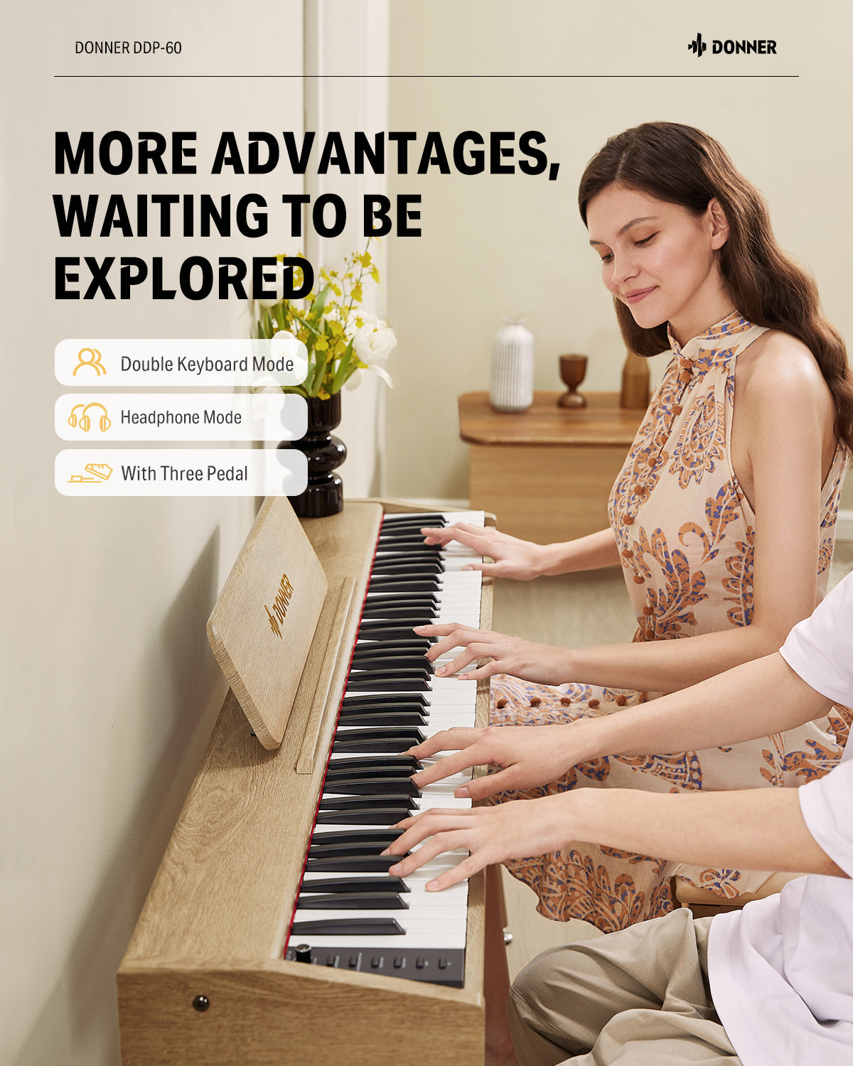 Donner DDP-60 houten digitale buffetpiano met 88 semi-gewogen toetsen en 3 pedalen voor beginners-naturel##