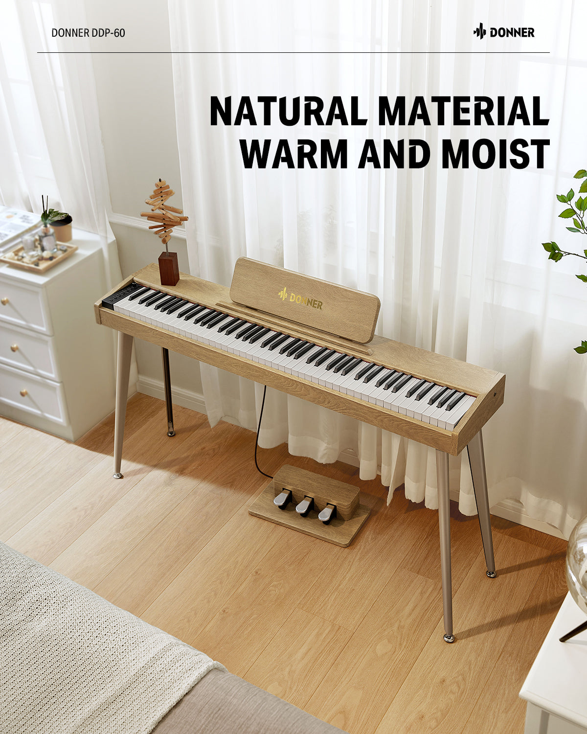 Donner DDP-60 houten digitale buffetpiano met 88 semi-gewogen toetsen en 3 pedalen voor beginners-naturel##