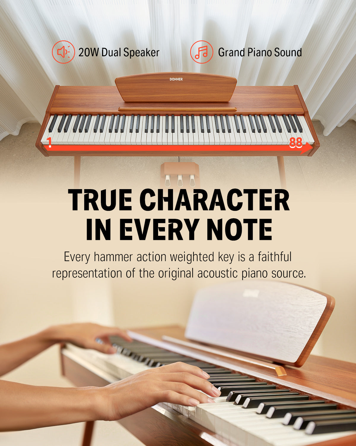 Donner DDP-80 Wooden Beginner 88 Key Weighted Upright Digital Piano-Natural Sound Upgrade##