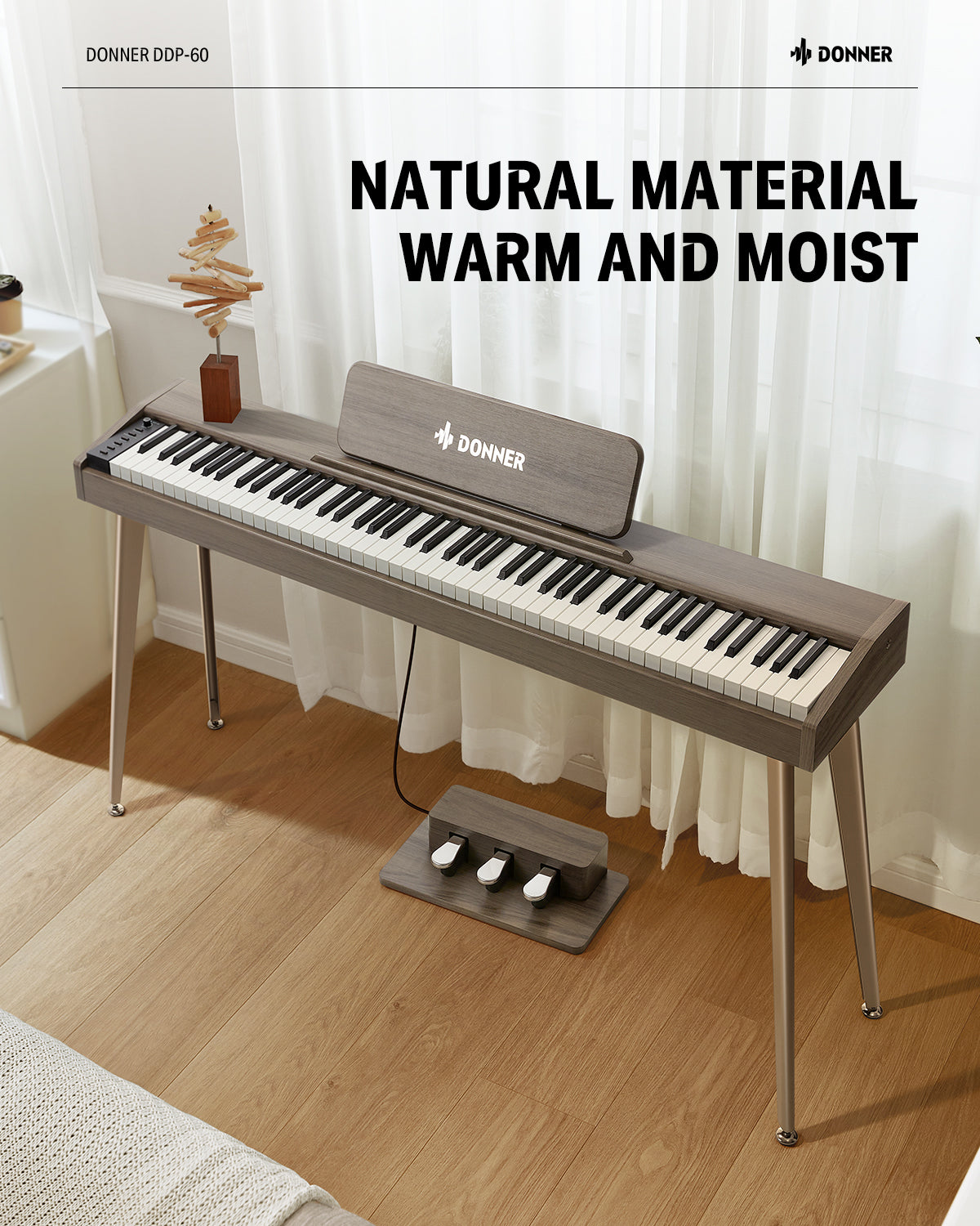 Donner DDP-60 houten digitale buffetpiano met 88 semi-gewogen toetsen en 3 pedalen voor beginners-grijs##