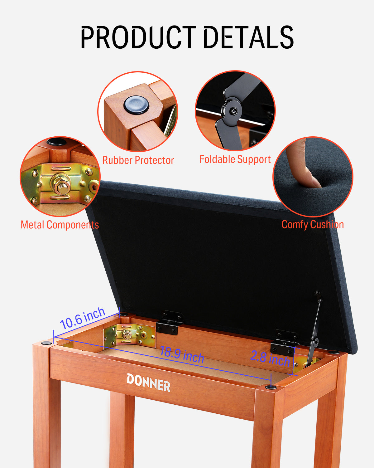 Donner DKB-10 Wood Piano Bench with Storage High-Density Suede Cushion Chair Wood Color