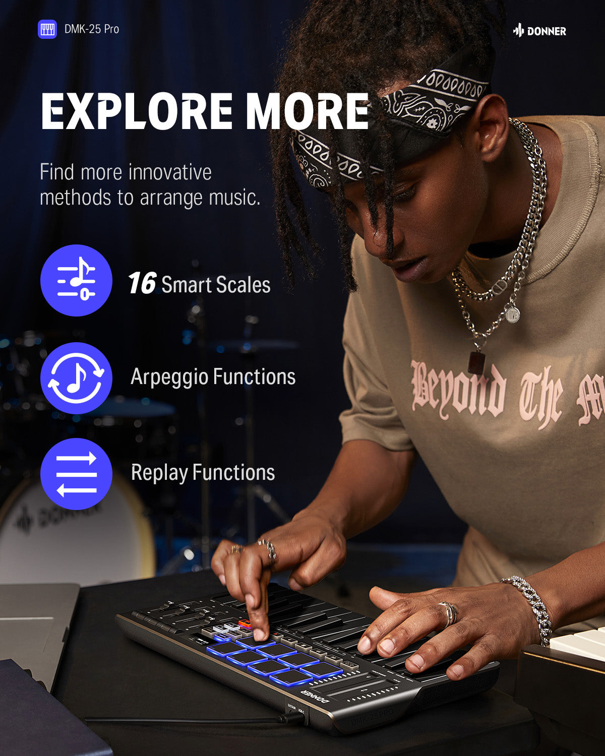 Donner DMK-25 PRO MIDI Keyboard Controller with Personalized Touch Bar, Free Music Production Software/Free 40 Courses