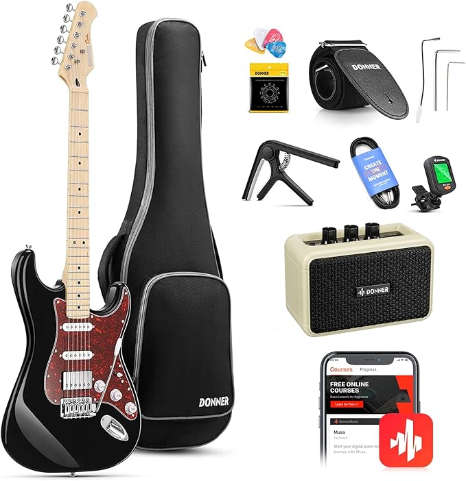 Donner DST-152 39-inch ST Electric Guitar Kit HSS w/Coil Split Pickup Including AMP-Black##