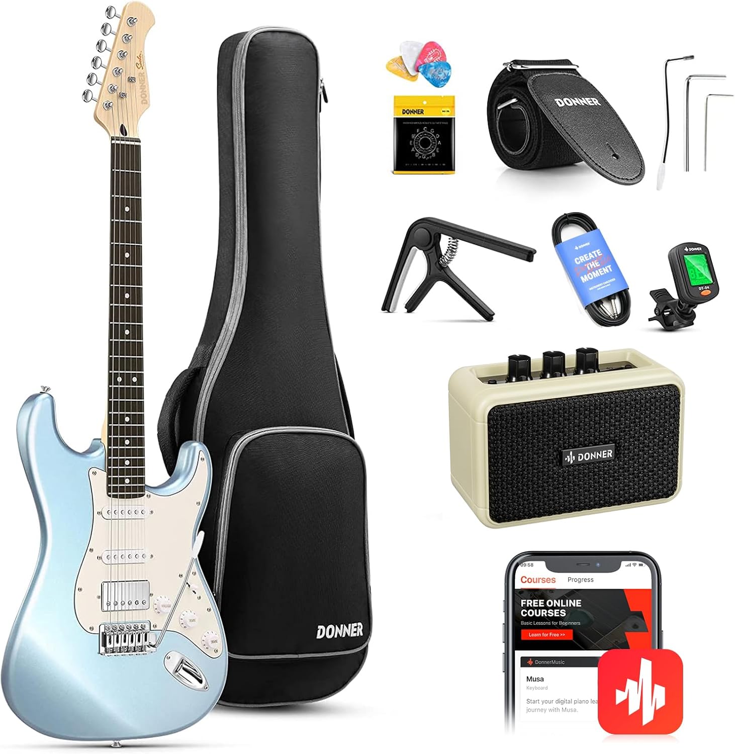 Donner DST-152 39-inch ST Electric Guitar Kit HSS w/Coil Split Pickup Including AMP-Polar Blue##