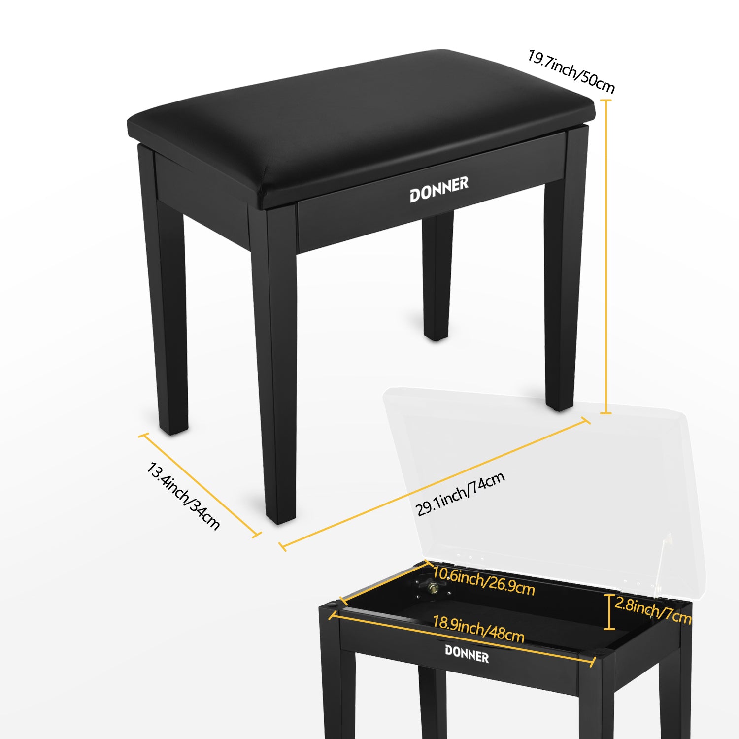 Donner DKB-10 Black Piano Bench with Storage High-Density Sponges Pad Seat Black