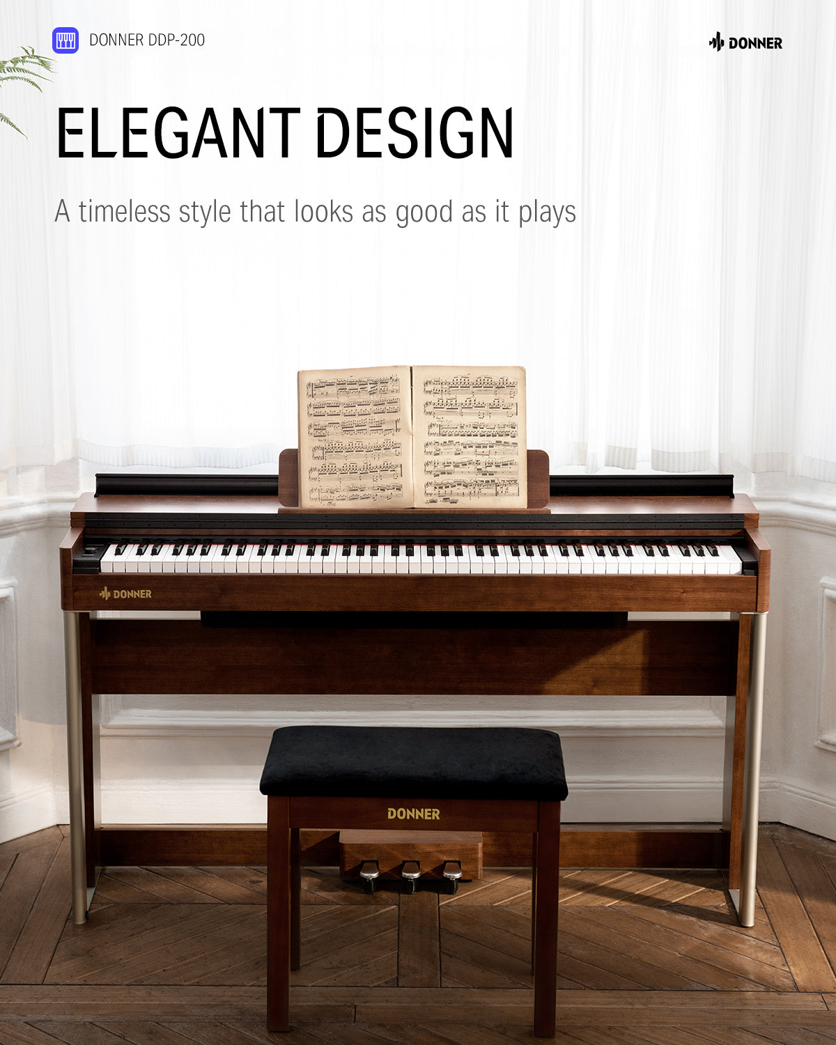 Donner DDP-200 Wooden Dynamic Hammer Action 88 Key Weighted Upright Digital Piano