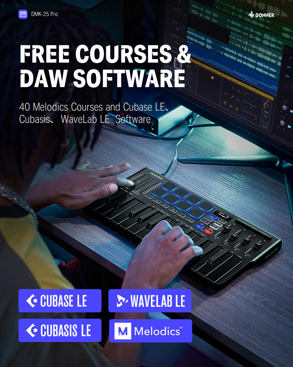 Donner DMK-25 PRO MIDI Keyboard Controller with Personalized Touch Bar, Free Music Production Software/Free 40 Courses