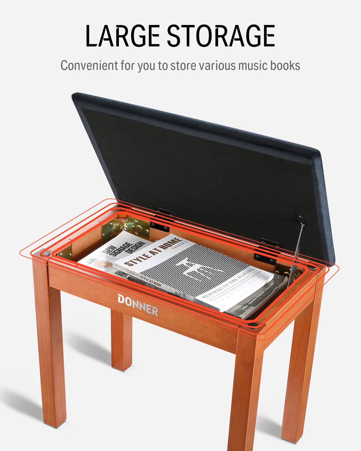 Donner DKB-10 Wood Piano Bench with Storage High-Density Suede Cushion Chair Wood Color