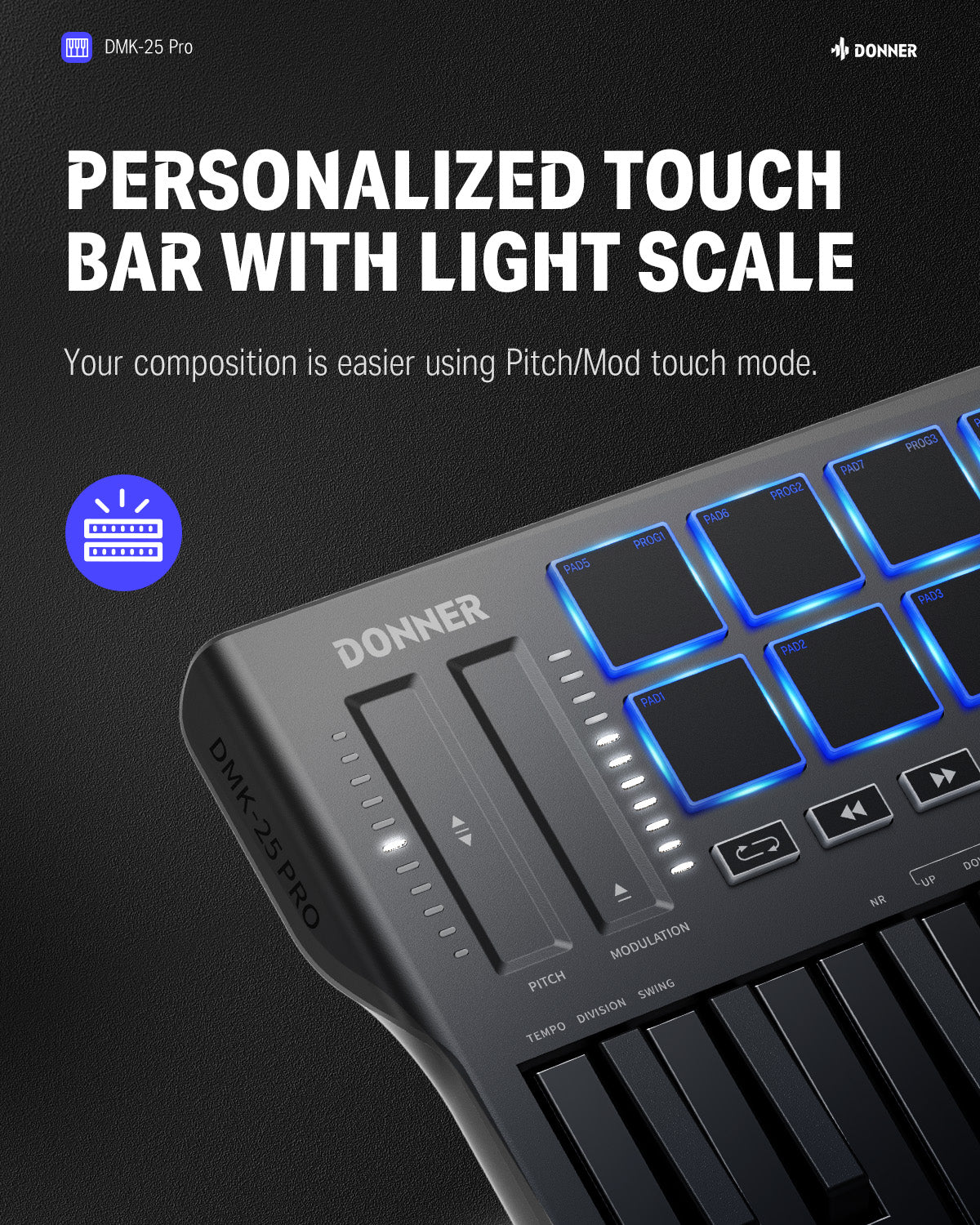 Donner DMK-25 PRO MIDI Keyboard Controller with Personalized Touch Bar, Free Music Production Software/Free 40 Courses