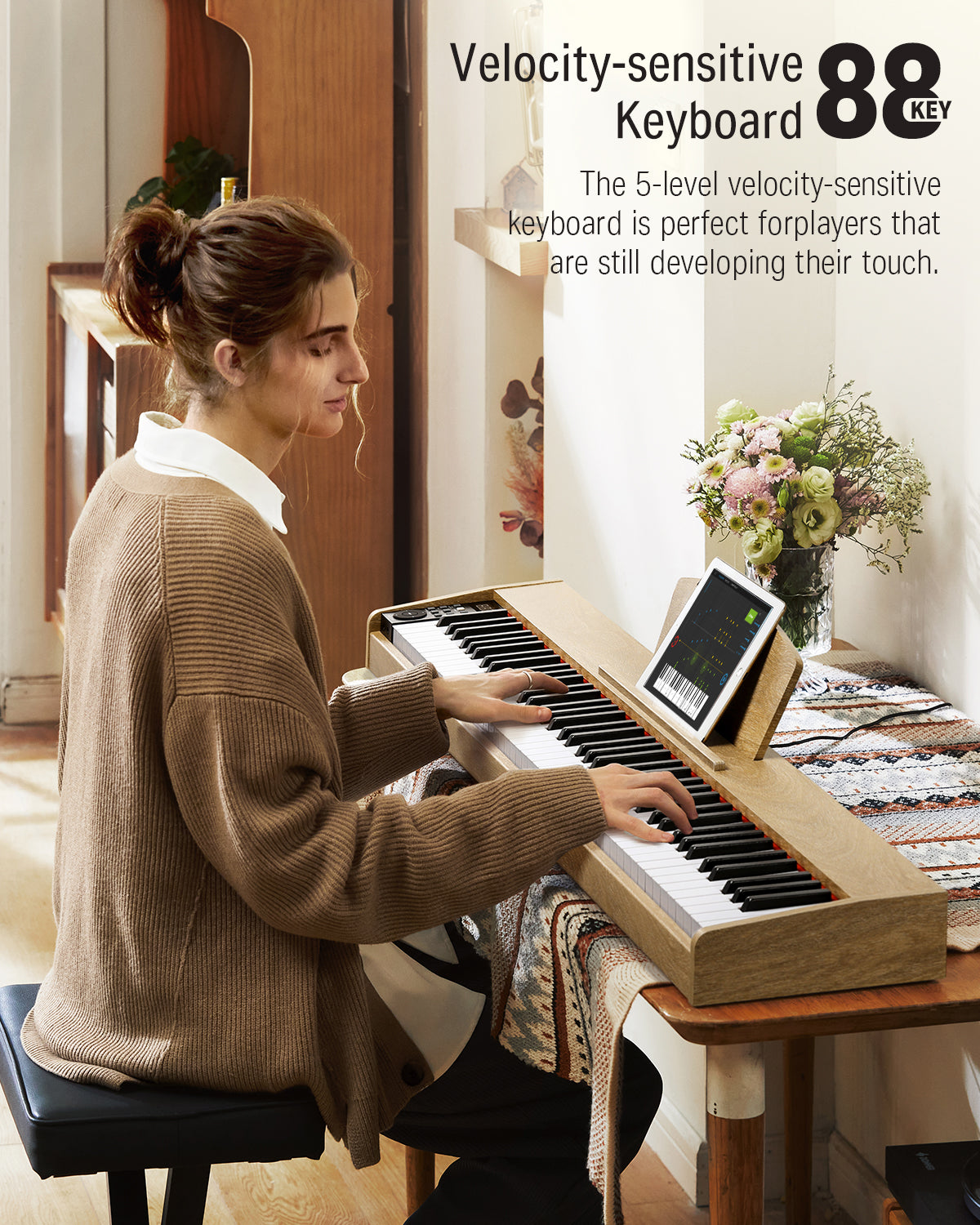 Donner DEP-1S 88 Key Semi-Weighted DIgital Piano With Stand Wooden Style Piano-Light Wood Finish##