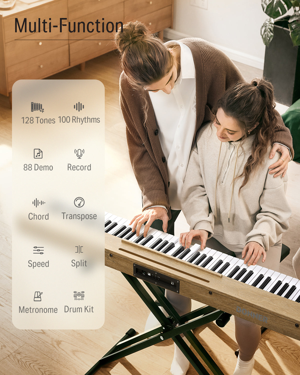 Donner DEP-1S 88 Key Semi-Weighted DIgital Piano With Stand Wooden Style Piano-Light Wood Finish##