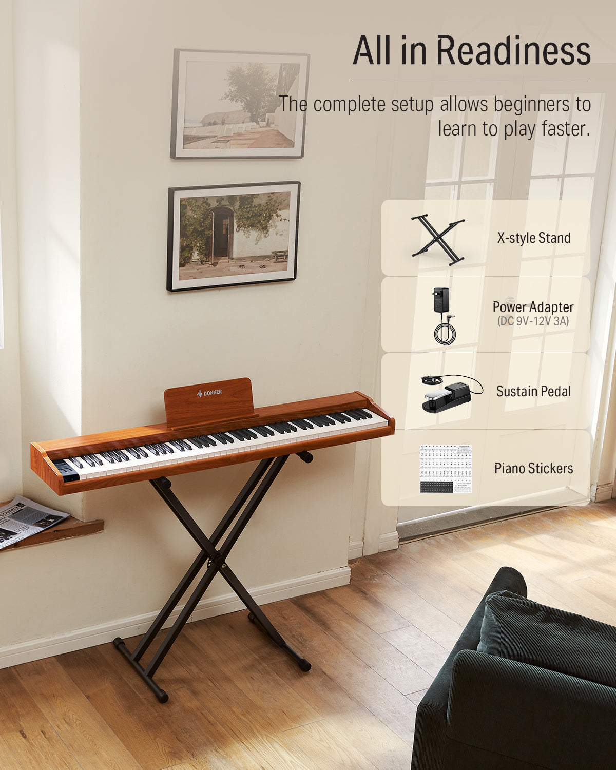bluetooth piano pedal Donner DEP-1S Digital Piano 88 Key, Bluetooth, Stand & Pedal for Beginners