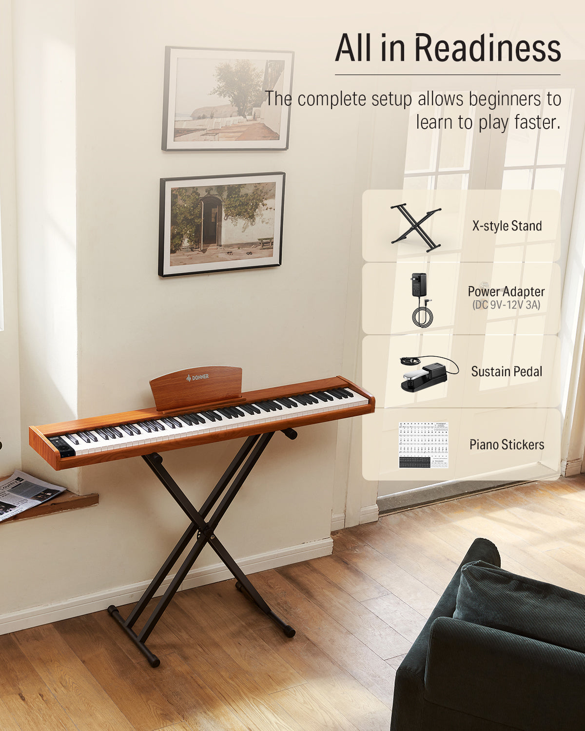 Donner DEP-1S 88 Key Semi-Weighted DIgital Piano With Stand Wooden Style Piano-Cherry Wood Finish(New Version)##