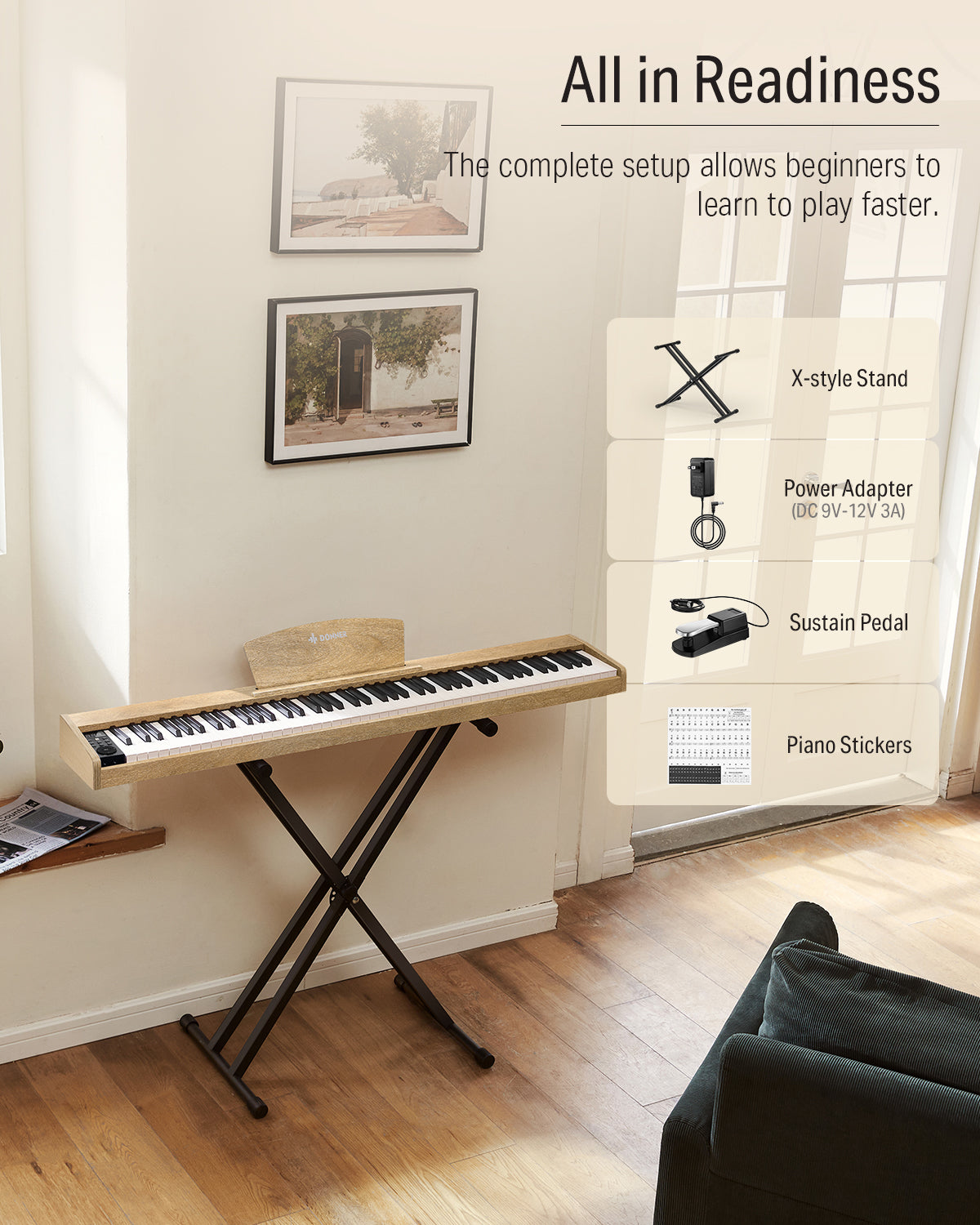 Donner DEP-1S 88 Key Semi-Weighted DIgital Piano With Stand Wooden Style Piano-Light Wood Finish##