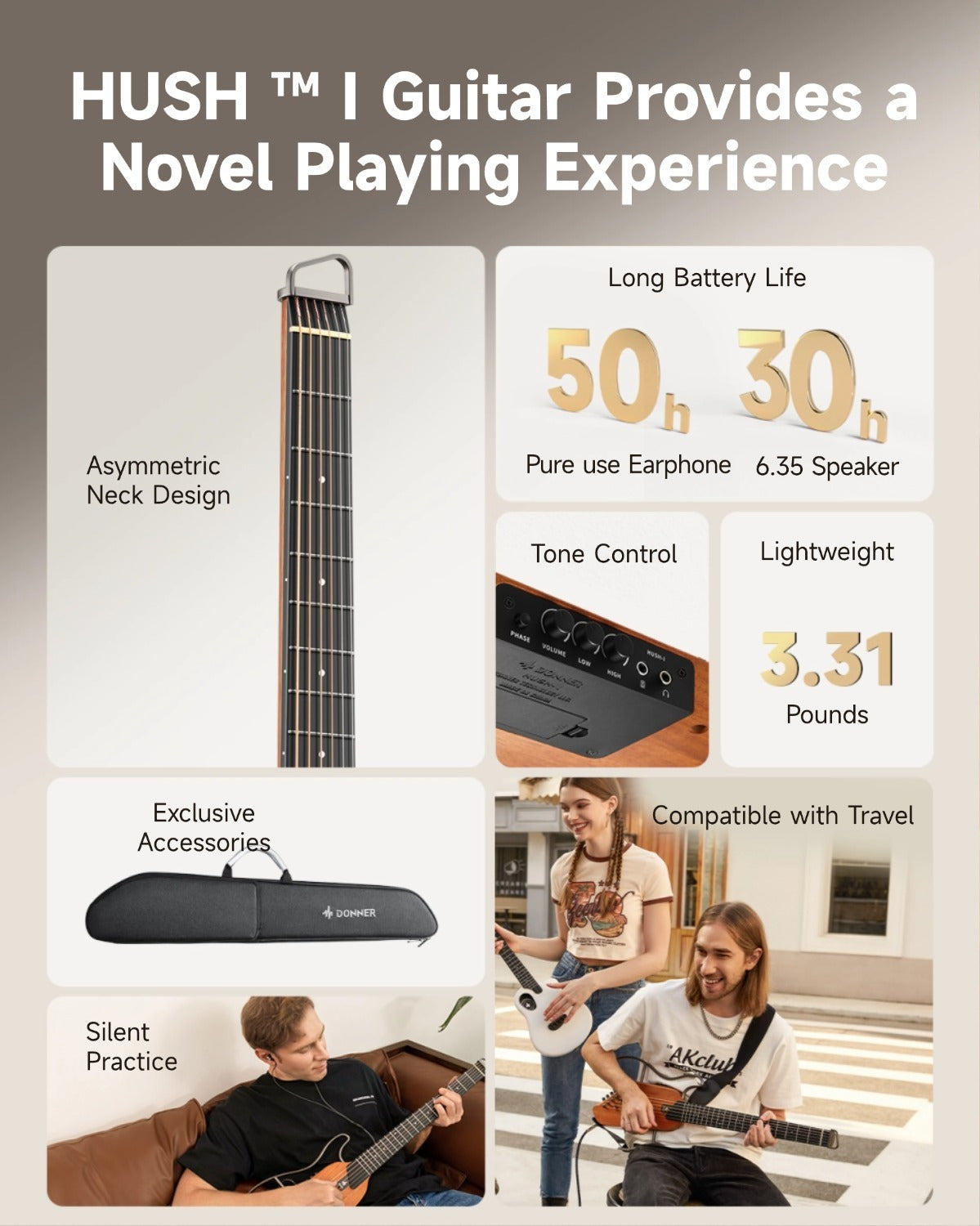 HUSH-I Silent Guitar | Portable, Ultra-Light, Quiet Travel Guitar