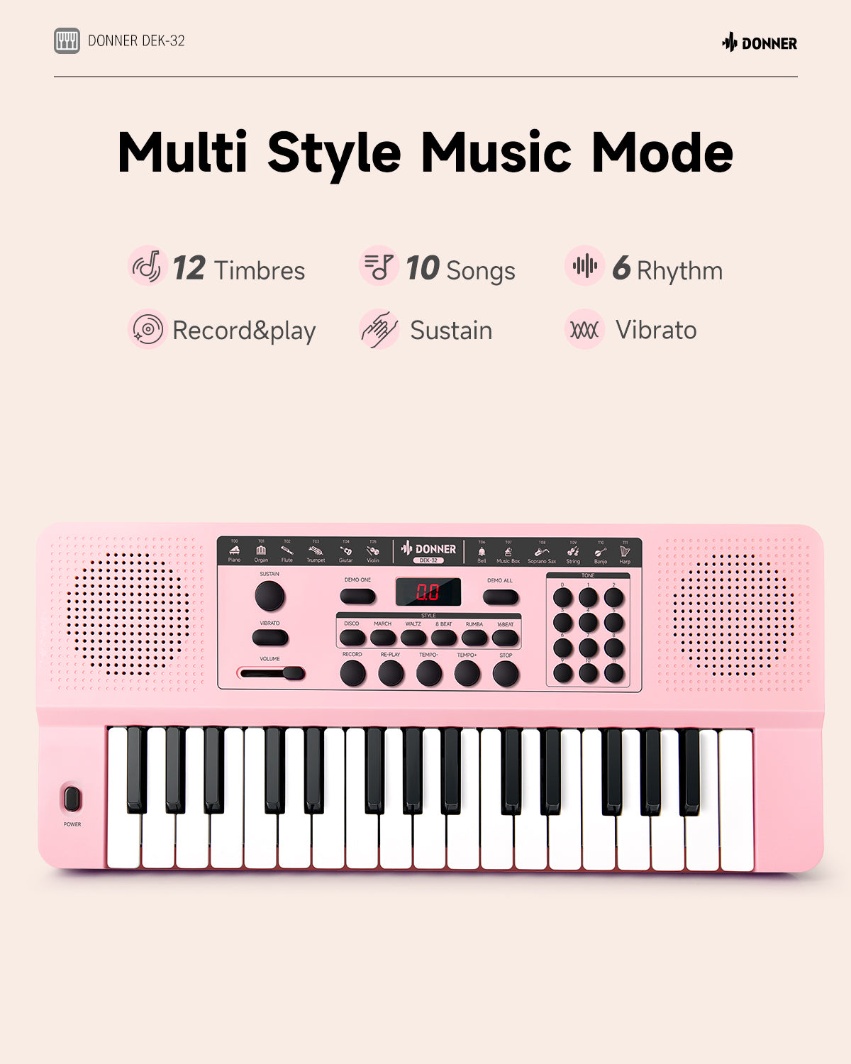 Donner DEK-32 32 keys Electronic Keyboard-Pink