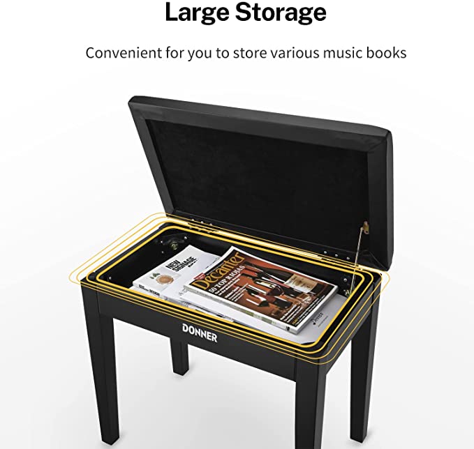 Donner DKB-10 Black Piano Bench with Storage High-Density Sponges Pad Seat Black