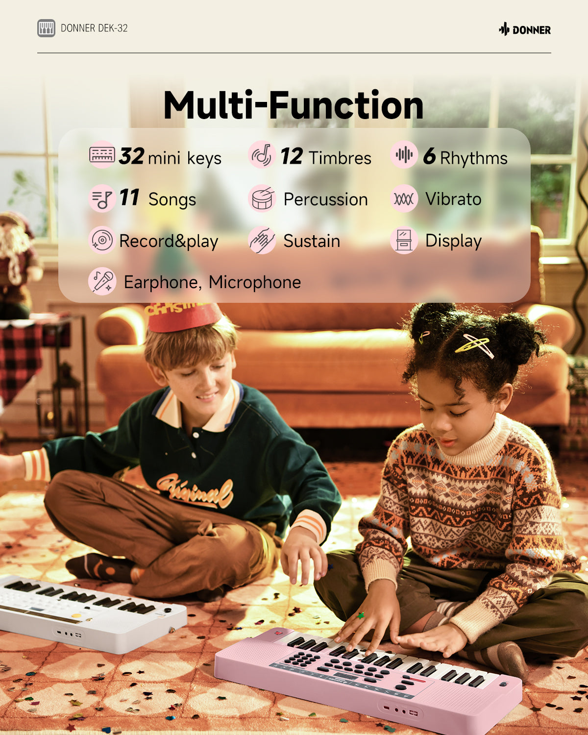 Donner DEK-32 32 keys Electronic Keyboard-Pink